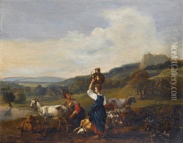 Two Peasant Women With Goats In An Italianate Landscape Oil Painting - Hendrick Mommers