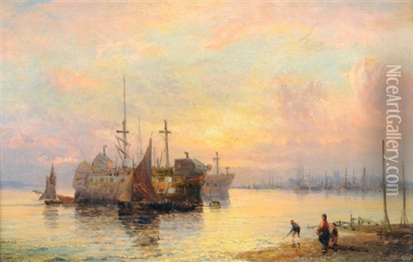 Prison Hulks And Fishing Boats In An Estuary Oil Painting - Charles Thornley
