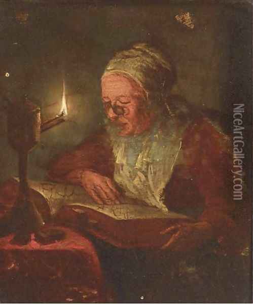 A woman reading by candlelight Oil Painting - Godfried Schalcken