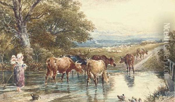 Cattle Fording A Stream Oil Painting - Myles Birket Foster