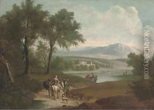 An extensive landscape with a hunting party on a track and fishermen by a lake, a country house beyond Oil Painting - Jan Wyck