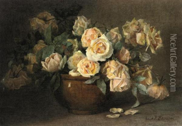 Still Life Of Yellow Roses In A Vase Oil Painting - Edith Isabel Barrow
