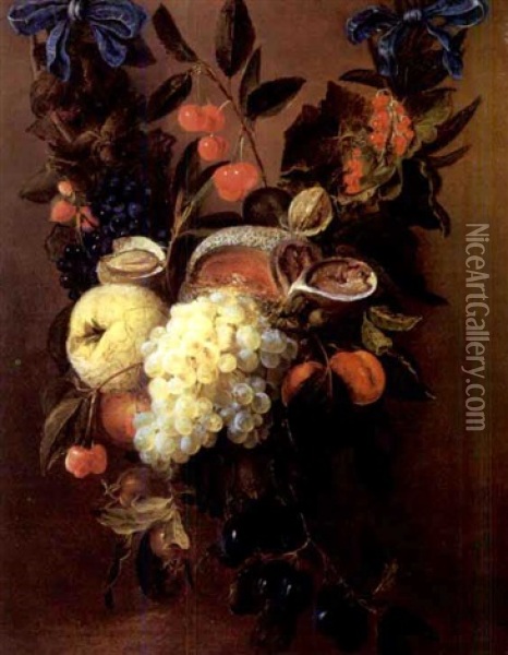 A Garland Of Apricots, Figs, Cherries, Strawberries, Plums, A Melon And Other Fruit Attached To A Blue Ribbon Oil Painting - Cornelis De Heem