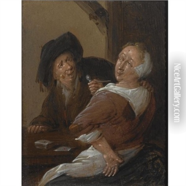 An Amourous Couple Playing Cards In An Inn Oil Painting - Jan Jacobsz Molenaer