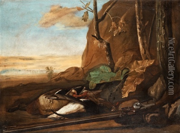 Still Life With Ducks And A Rifle Oil Painting - Govert Dircksz Camphuysen