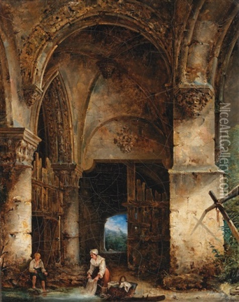 Wascherin In Verfallenem Schloss Oil Painting - Charles-Louis Lesaint