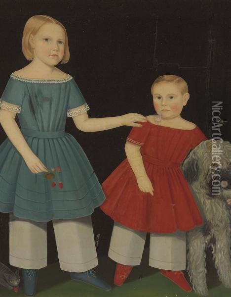 Double Portrait Of Theron Simpson Ludington (1850-1922) And His Older Sister Virginia Ludington(1846-1865) Oil Painting - Ammi Phillips