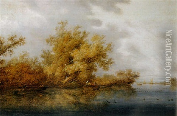 A Calm: A Wooded River Landscape With Fishermen And Sportsmen In Rowing Boats, Sailing Ships Beyond Oil Painting - Salomon van Ruysdael