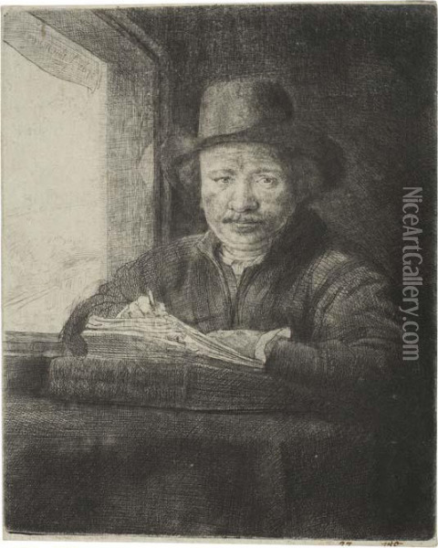 Self Portrait Drawing At A Window Oil Painting - Rembrandt Van Rijn