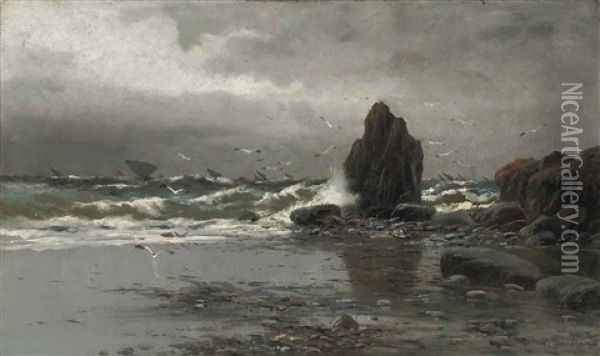 A Stormy Coastal Scene Oil Painting - Eliseo Meifren y Roig