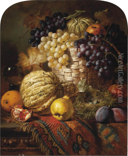 Fruit, A Roemer, A Wicker Basket And Bird's Nest On A Wooden Table Oil Painting - William Duffield