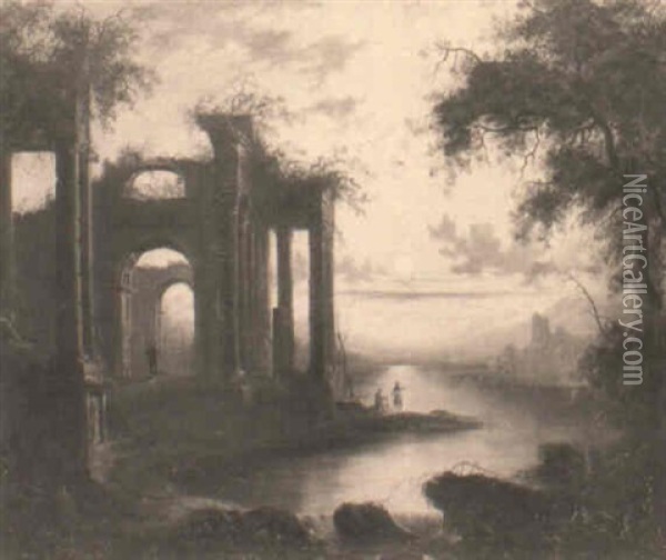 Classical Ruins In A Moonlit Lake Landscape Oil Painting - Sebastian Pether