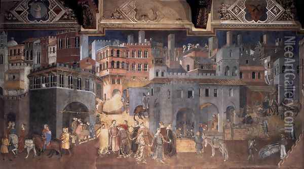 Effects of Good Government on the City Life (detail-2) 1338-40 Oil Painting - Ambrogio Lorenzetti