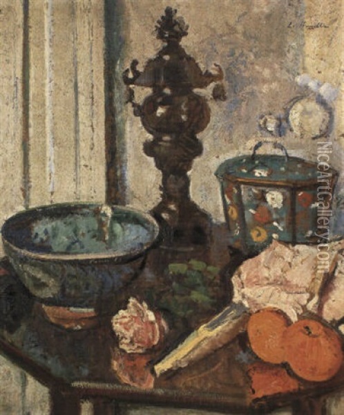Oriental Bronze Vase And Cover, Tea Caddy, Fruit Bowl And Oranges On A Table Oil Painting - George Leslie Hunter