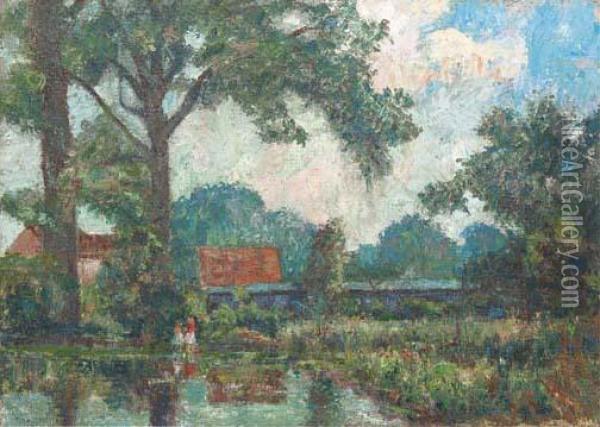 Two Children By A Lake In A Farmyard Oil Painting - Thomas E. Mostyn