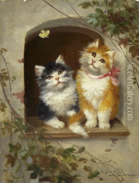Zwei Katzen Auf Einem Fenstersims Oil Painting - Josef Sperlich