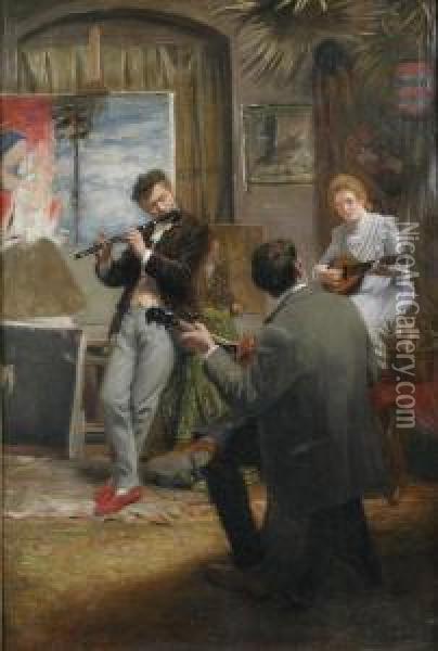 Musicians At Playin An Artist's Studio Oil Painting - Carl Welz