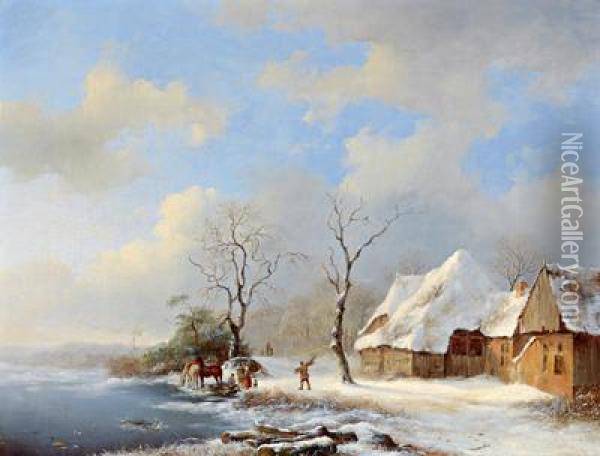 Paesaggio Invernale Con Viandanti Al Riposo Sul Fiume Oil Painting - Frederik Marianus Kruseman