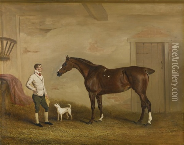 Portrait Of A Chestnut Hunter In A Stable, With A Groom And Terrier Oil Painting - John E. Ferneley