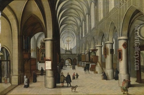 A Church Interior With Figures Strolling Oil Painting - Hendrick van Steenwyck the Elder