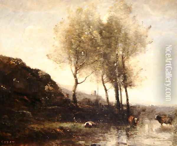 Cowherd Resting at the Foot of Cool Hills, c.1855-65 Oil Painting - Jean-Baptiste-Camille Corot