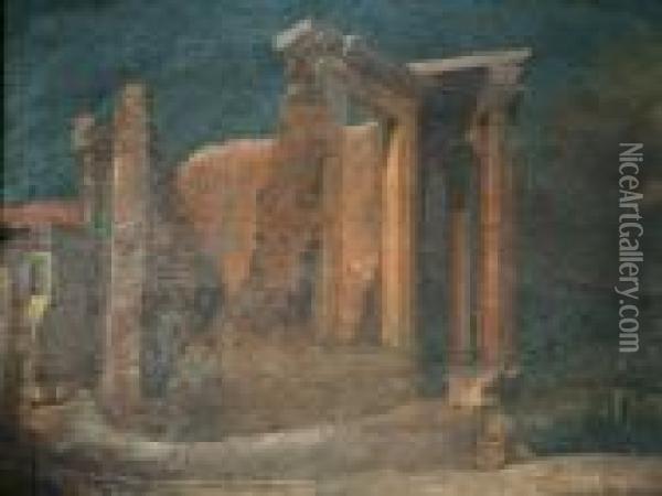 19th Century- Study Of A Classical Ruin Oil Painting - Hubert Robert