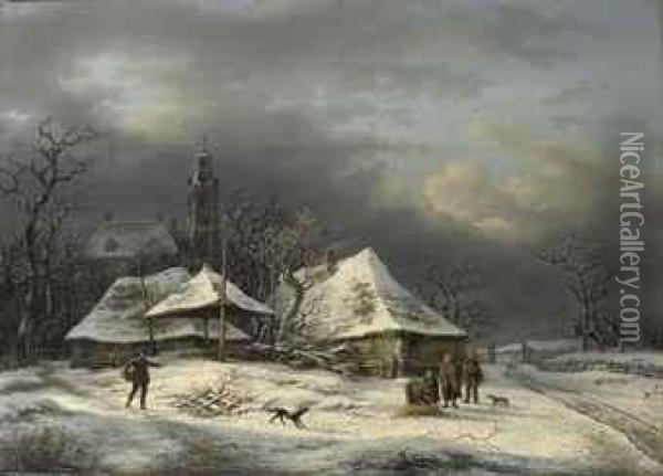 Daily Activities In Winter Oil Painting - Andreas Schelfhout