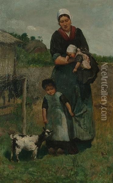 A Young Family With A Goat In A Landscape Oil Painting - David De La Mar