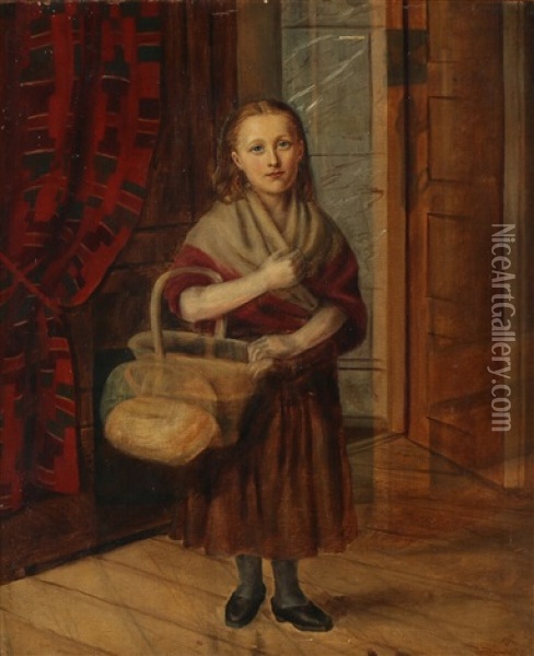 A Little Girl Carrying A Basket Of Goods Oil Painting - David Monies