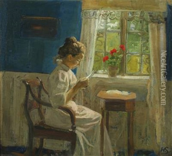 Interior With Woman Reading A Letter In The Sunlight Glow Oil Painting - Henrik Schouboe