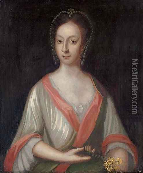 Portrait of a lady, half-length, in a white dress with red and green trim Oil Painting - English School