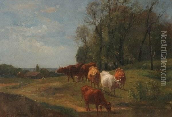 Cattle Drinking Oil Painting - Joseph Foxcroft Cole