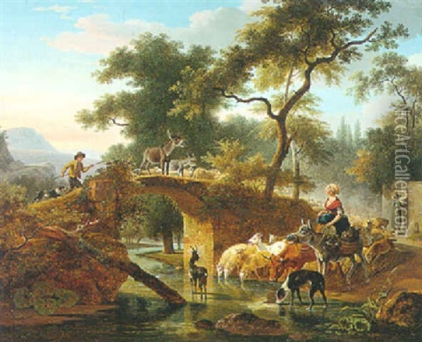 A River Landscape With A Herder And A Woman Watering Sheep, Cattle And Goats Beside A Bridge Oil Painting - Jean-Louis Demarne