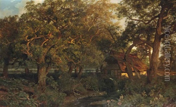 An Oak Forrest With A Watermill Oil Painting - Johann Valentin Ruths