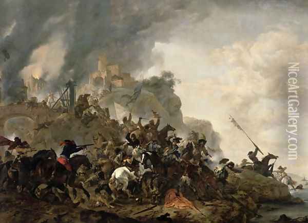 Cavalry Making a Sortie from a Fort on a Hill, 1646 Oil Painting - Philips Wouwerman