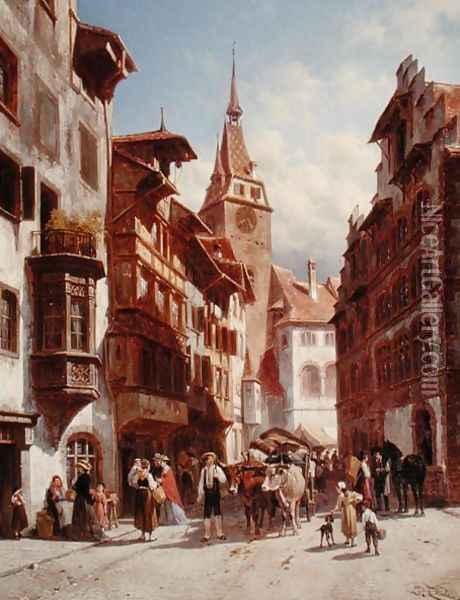 Figures on the Street in Zug, Switzerland, 1880 Oil Painting - Jacques Carabain