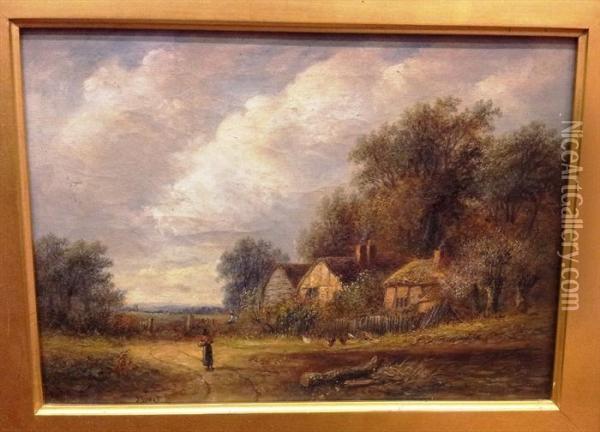 Woman On A Country Lane By Cottages Oil Painting - Joseph Thors