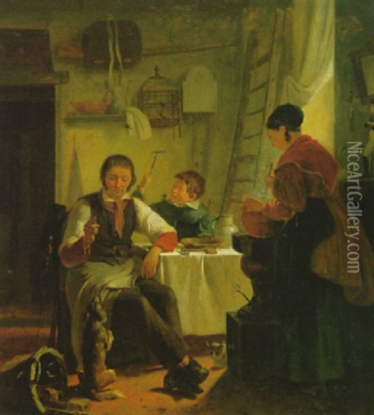 Handwerkerfamilie Am Mittagstisch Oil Painting - Josef Pinnoy