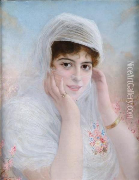 Portrait Ofa Lady In A Veil Oil Painting - Johannes Kleinschmidt