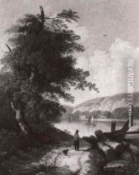 A Wooded Lake Scene With Boats And A Figure Oil Painting - John Berney Ladbrooke