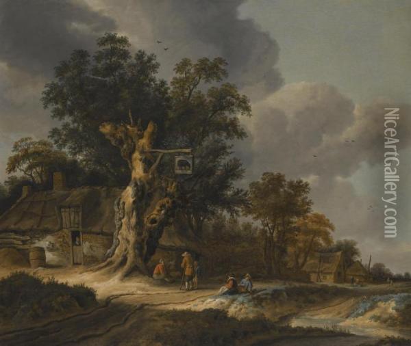 Landscape With Figures Outside A Wayside Inn Oil Painting - Roelof van Vries