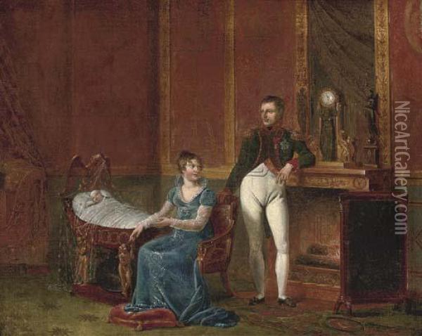 Napoleon And Marie-louise By The Fireside With The Infant Napoleon Ii Oil Painting - Jacques Louis David