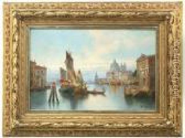 View From The Grand Canal To The
 Dogana And The Church Santa Maria Della Salute In Venice Oil Painting - Karl Kaufmann
