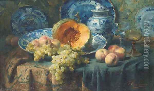 A pumpkin, peaches, and grapes in a china bowl by glasses on a draped table Oil Painting - Frans Mortelmans