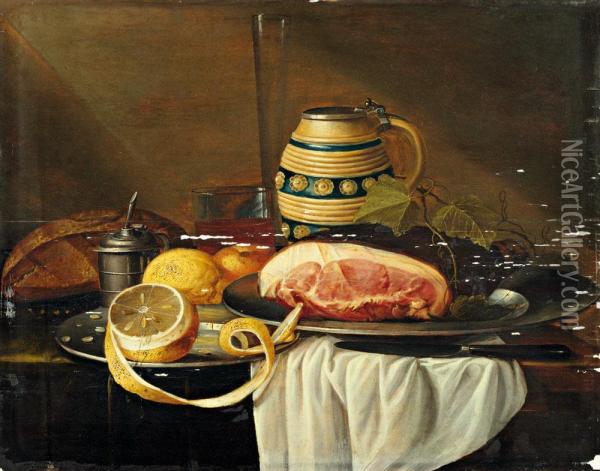 Nature Morte Au Pichet, Morceau De Viande Et Citrons Oil Painting - Guillam Dandoy
