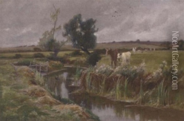 Cattle By A Stream Oil Painting - Arthur William Redgate