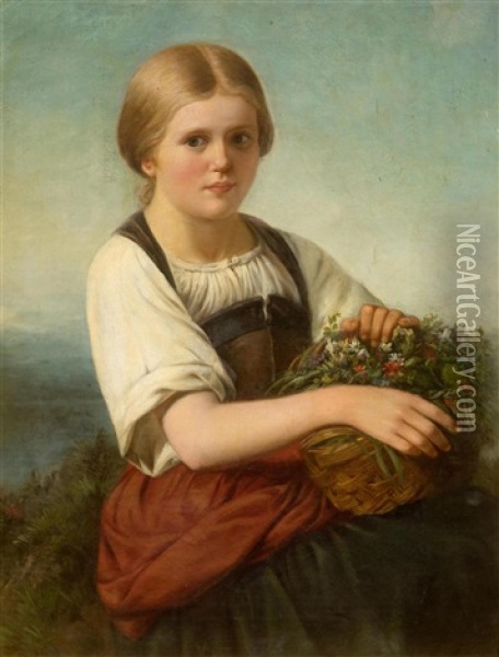 Flower Girl In A Broad Landscape Oil Painting - Ludwig Knaus