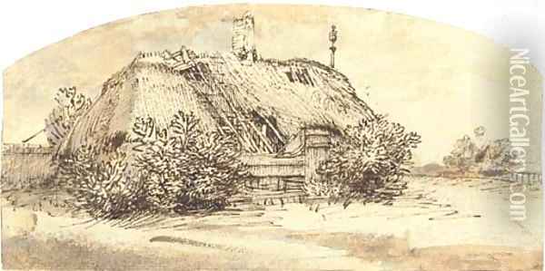 A ruined thatched cottage overgrown with bushes Oil Painting - Rembrandt Van Rijn