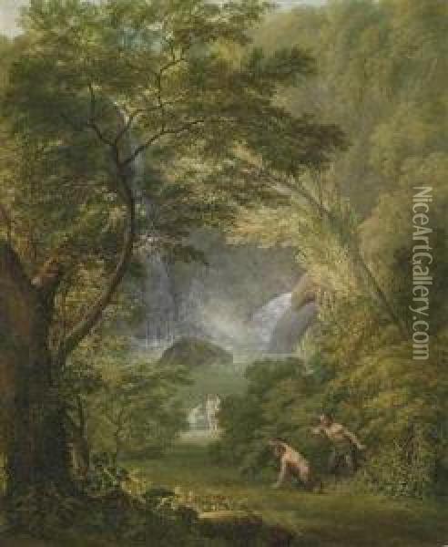 Two Satyrs Spying On Bathing Nymphs Oil Painting - Johann Georg Schutz