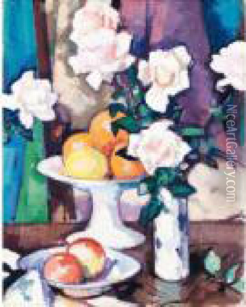 Still Life With Pink Roses And Oranges Oil Painting - Samuel John Peploe